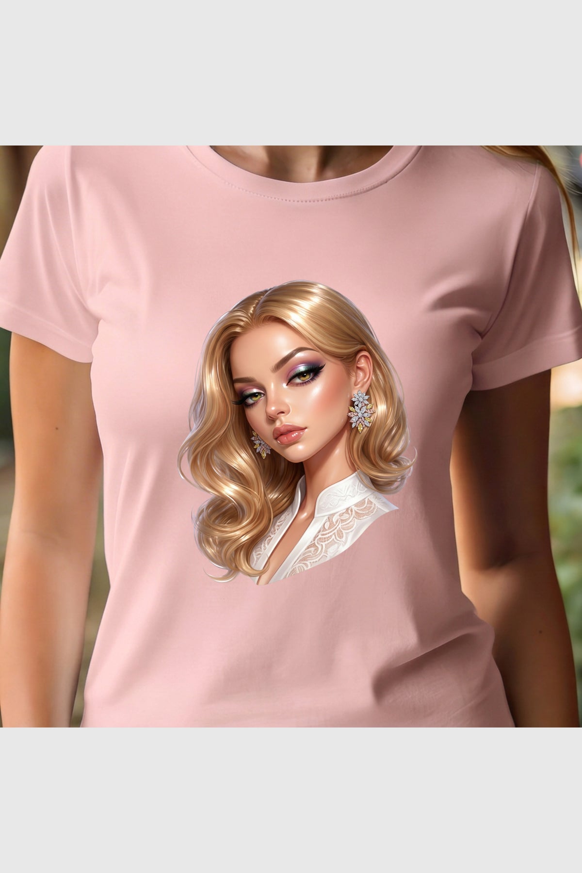 Man wearing white t-shirt with blonde glam portrait print