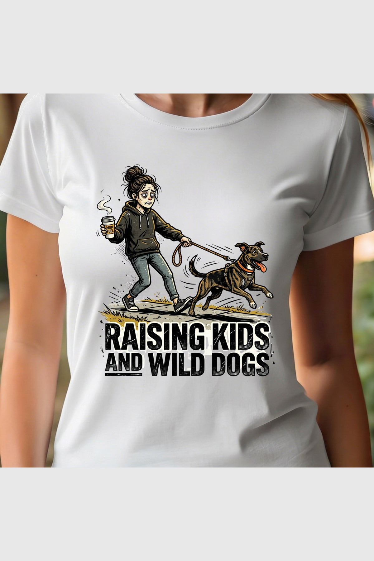Raising Kids and Wild Dogs print close-up on white t-shirt
