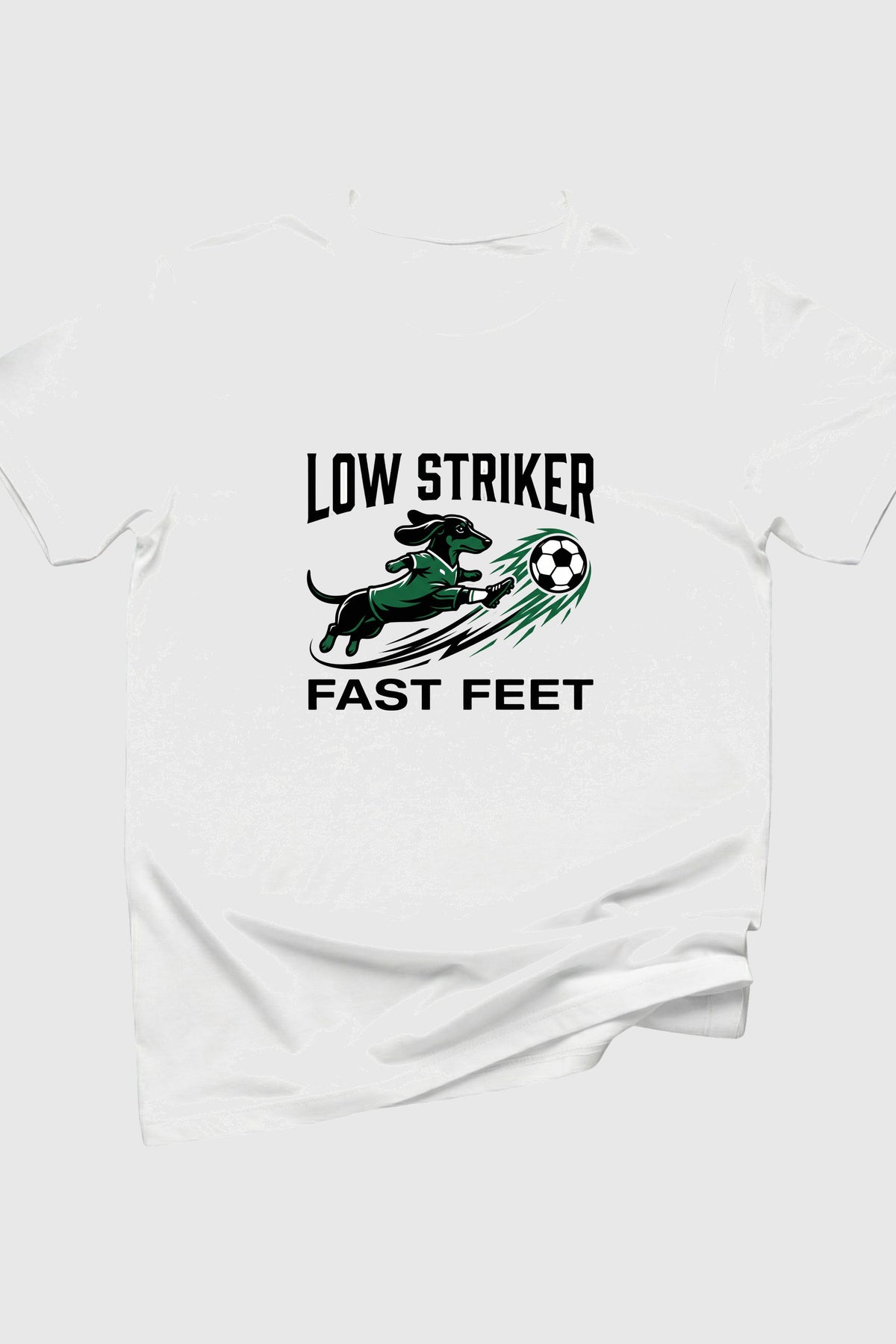 Low Striker Fast Feet dachshund soccer print close-up on white t-shirt