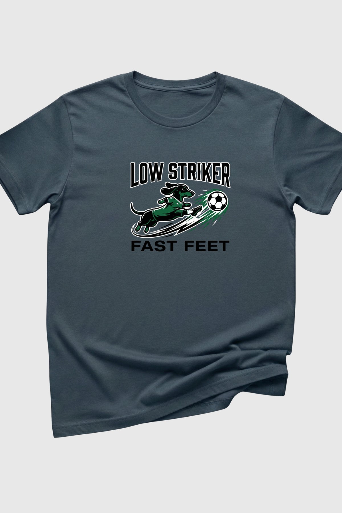 Woman wearing black dachshund soccer Low Striker t-shirt