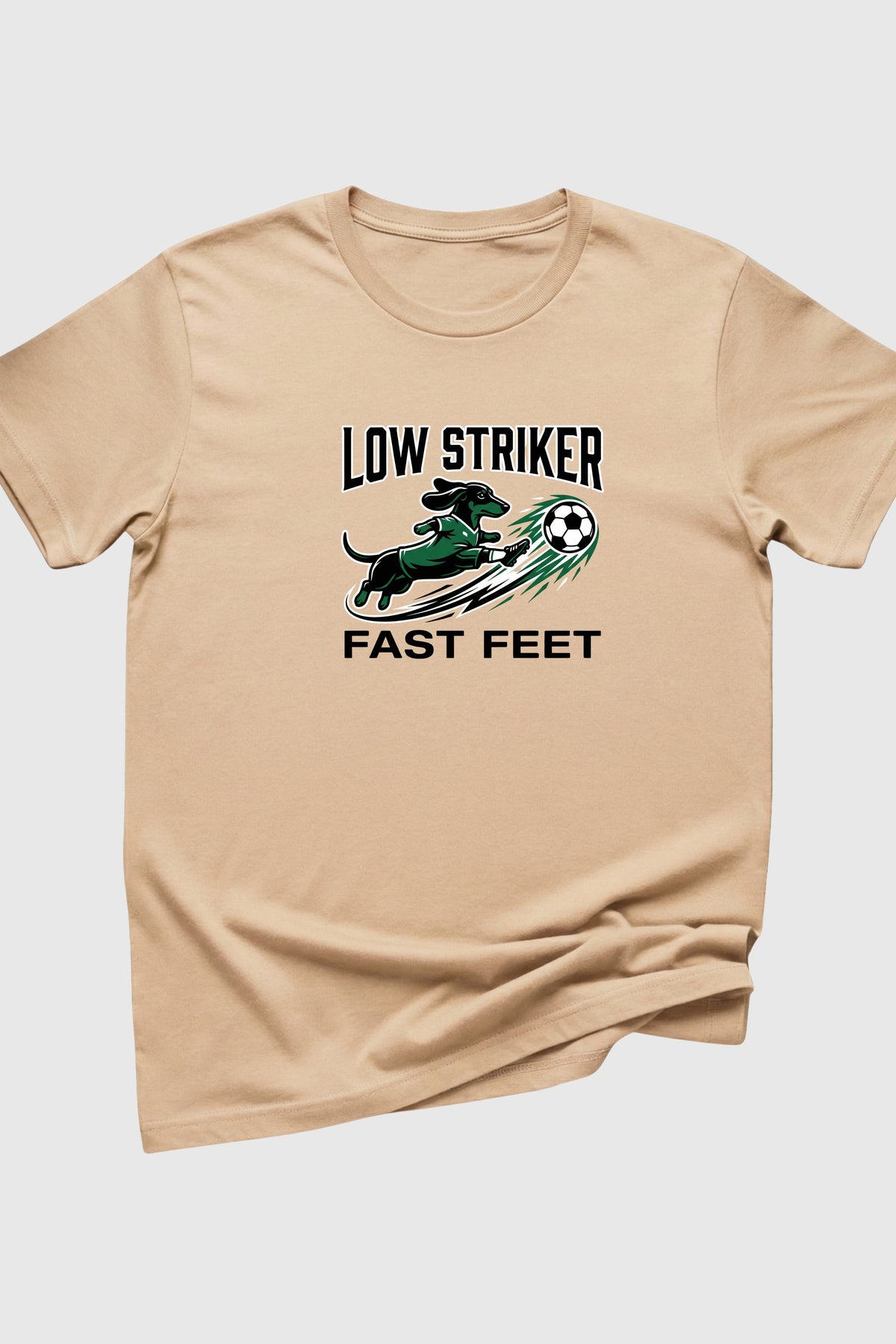 Low Striker dachshund soccer print close-up on black t-shirt