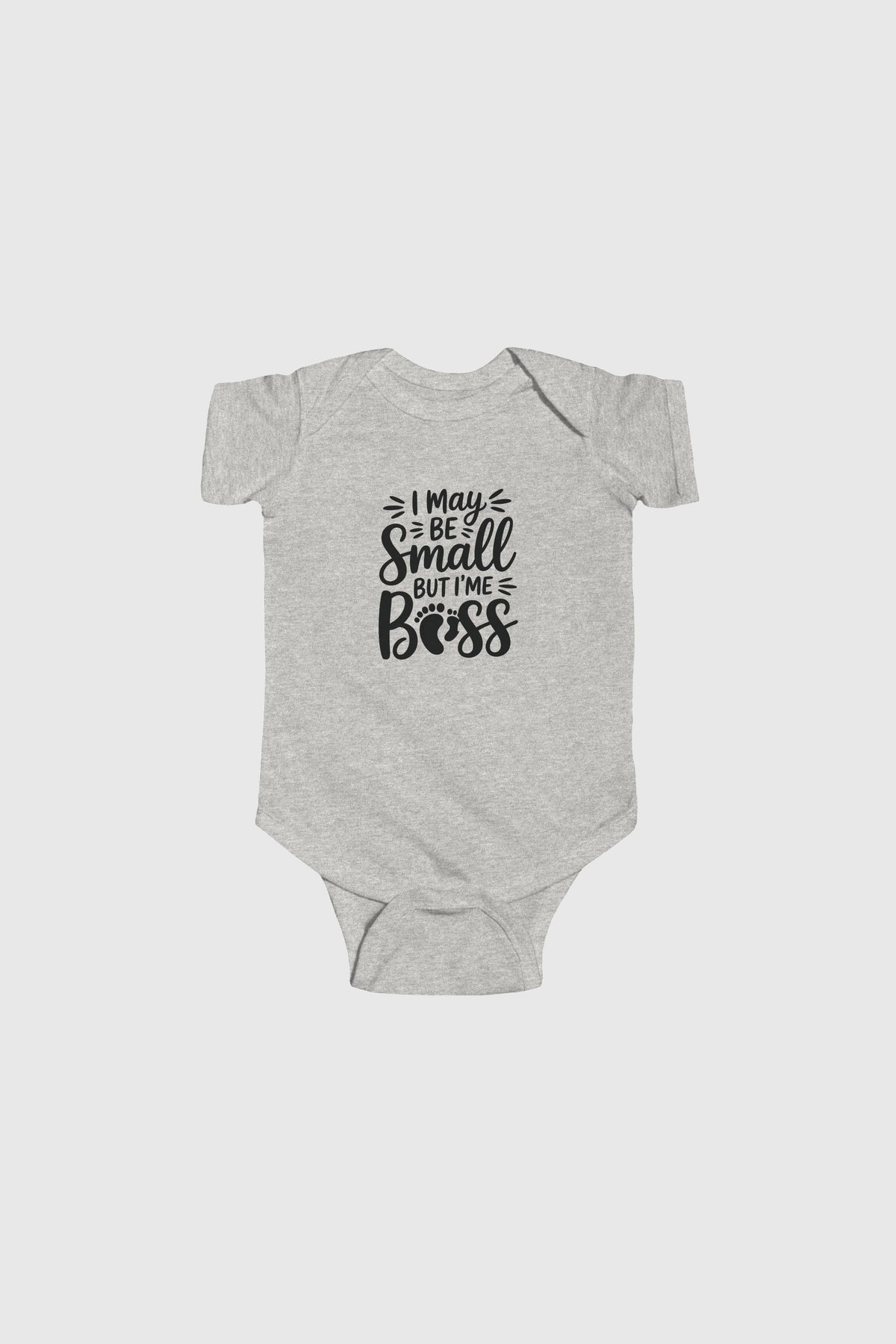 Yellow baby bodysuit with I May Be Small But I'm Boss print, snap closure