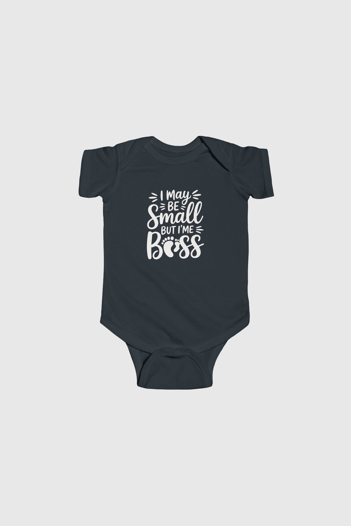 Light blue baby bodysuit with I May Be Small But I'm Boss print, snap closure