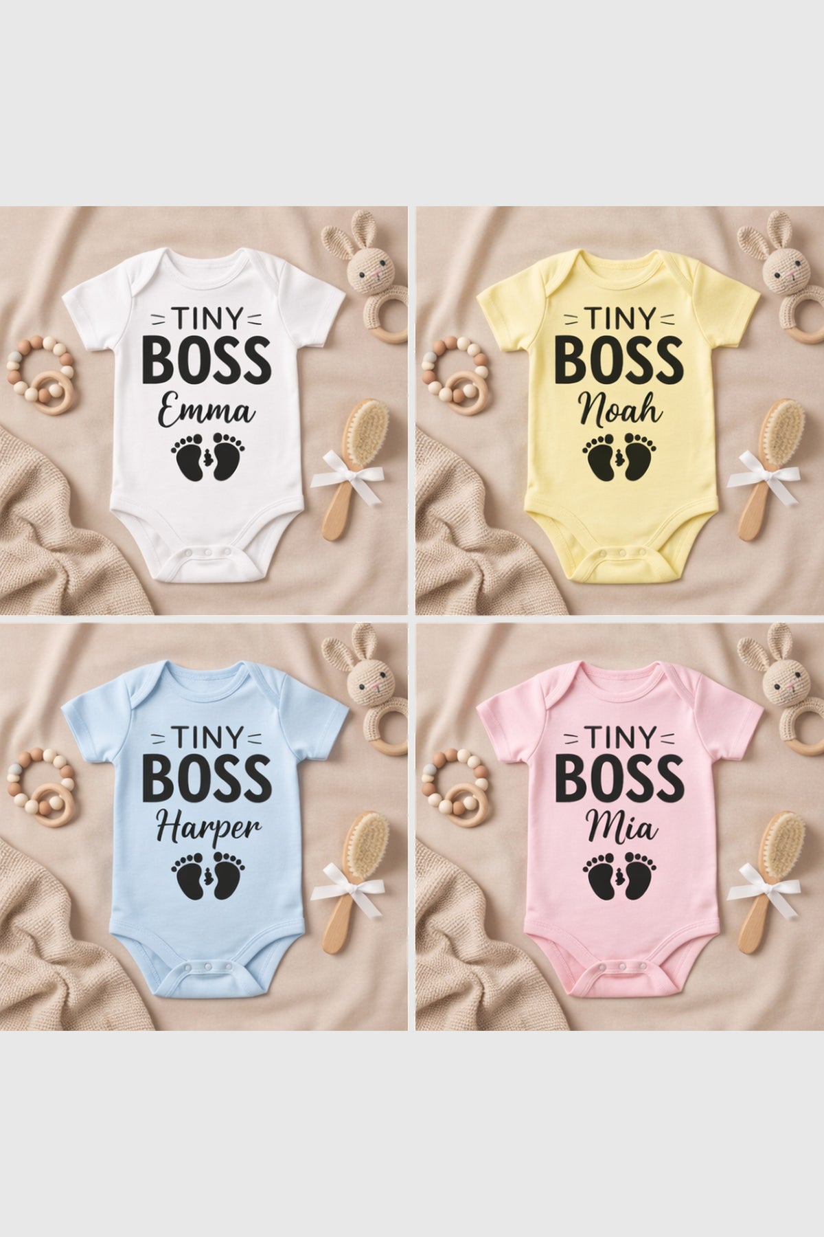Baby wearing white personalized Tiny Boss bodysuit, snap closure