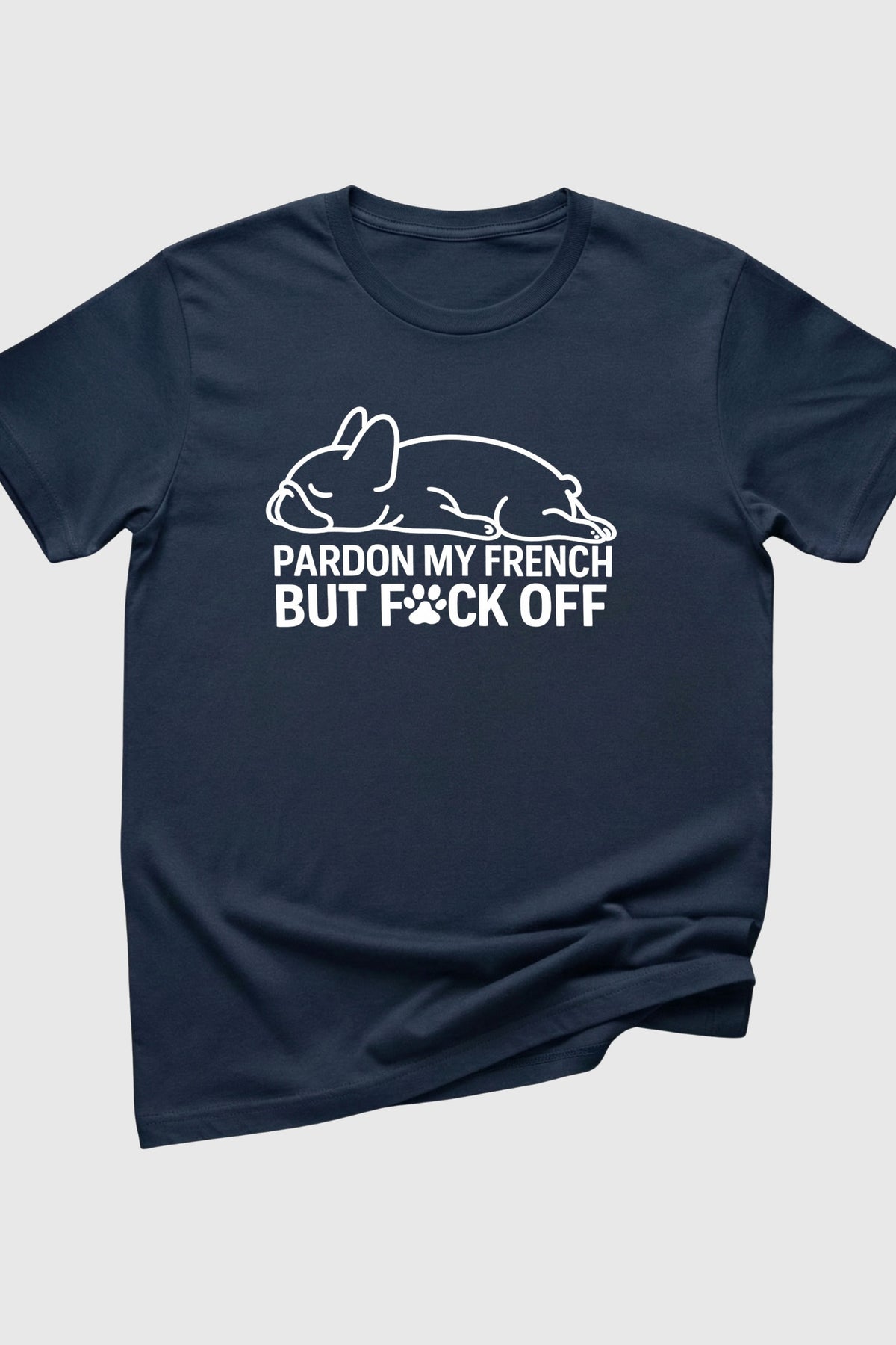Pardon My French Bulldog print close-up on black t-shirt