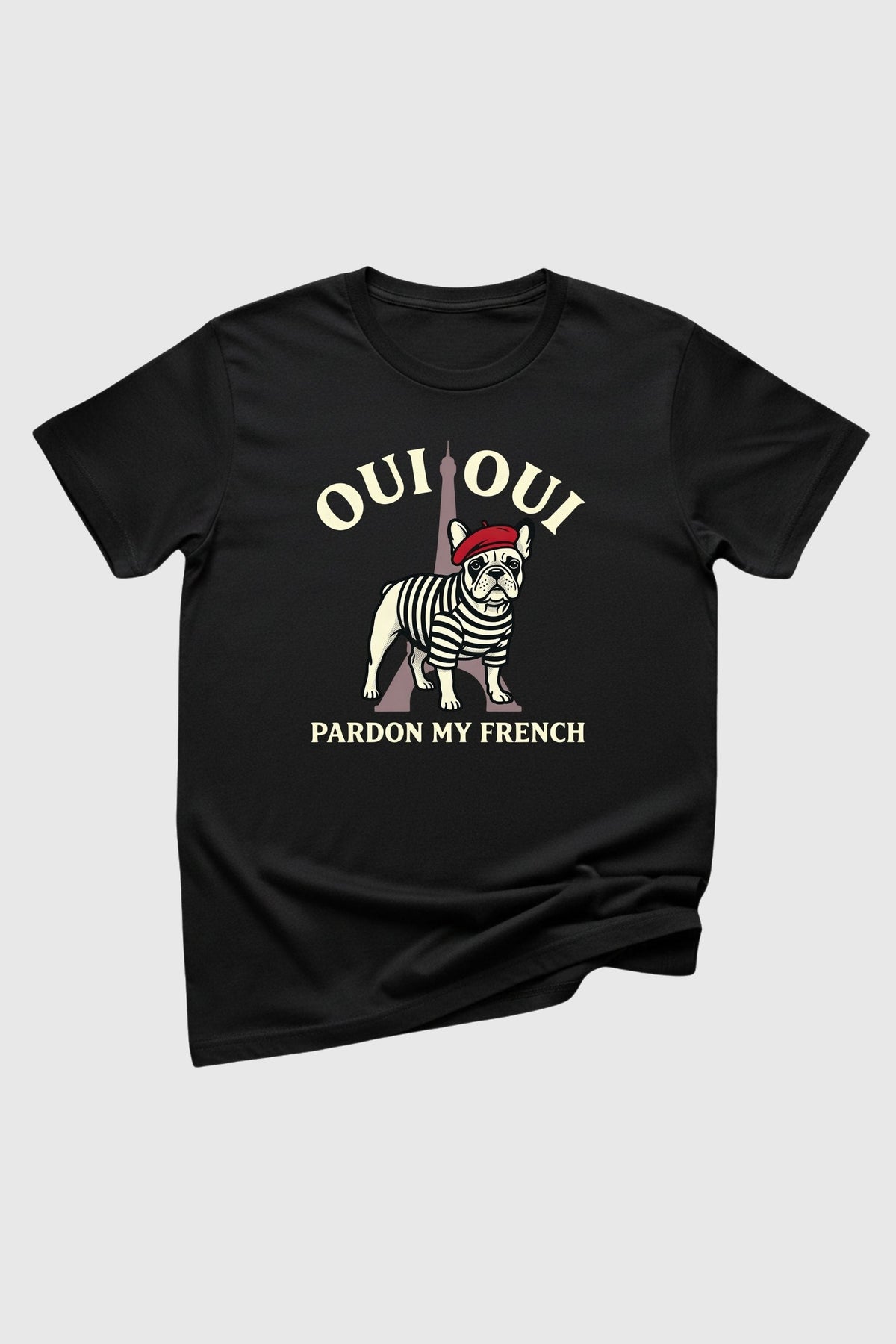 Black t-shirt with Pardon My French french bulldog print, unisex crew neck