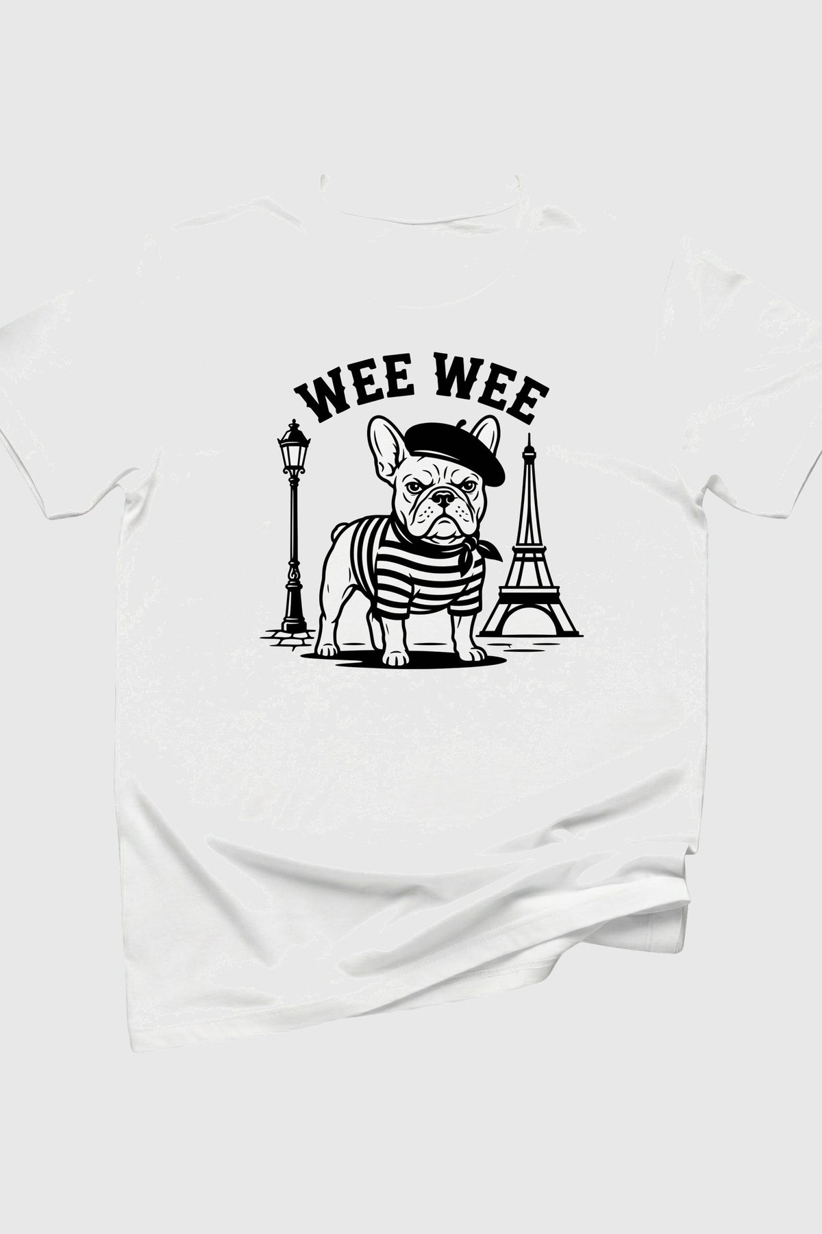 Wee Wee Parisian print close-up on white t-shirt