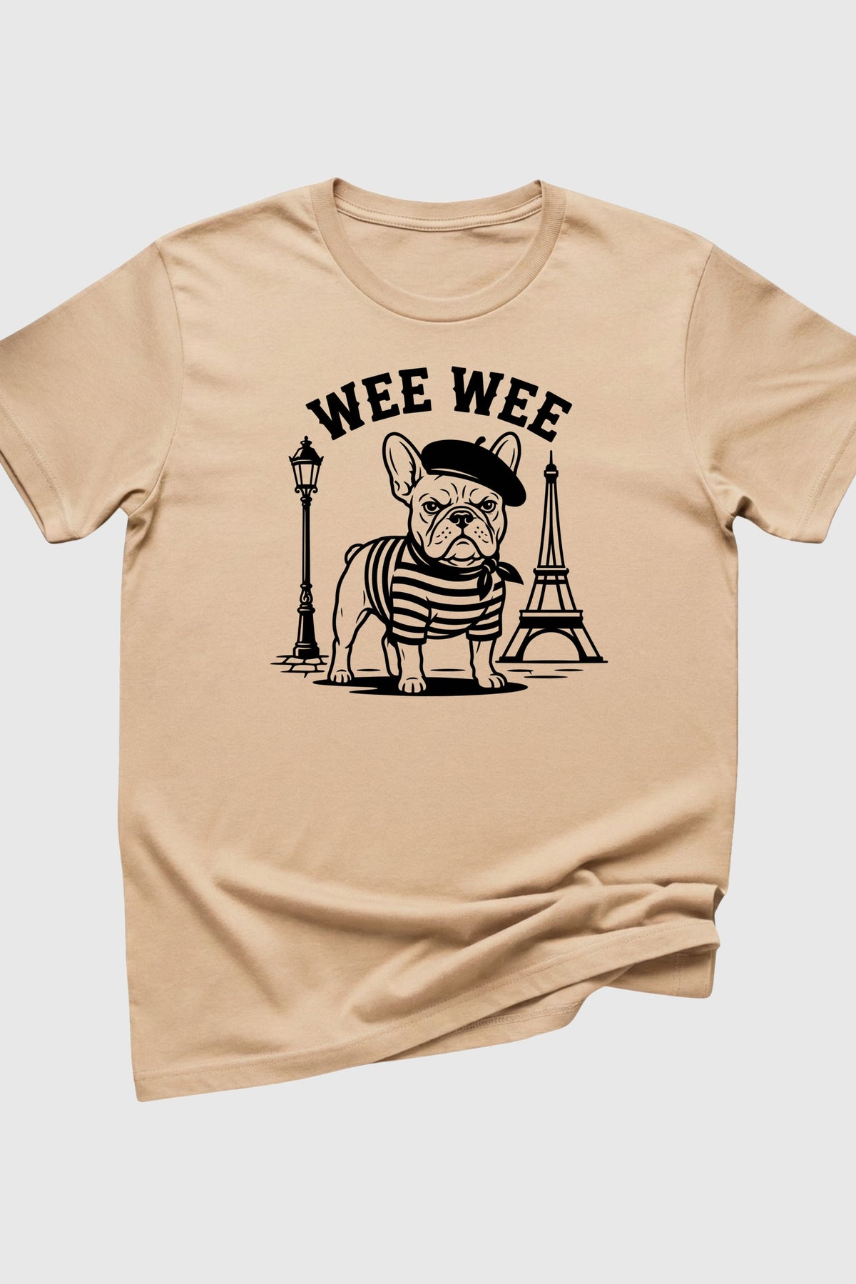 Man wearing black t-shirt with Wee Wee Parisian print