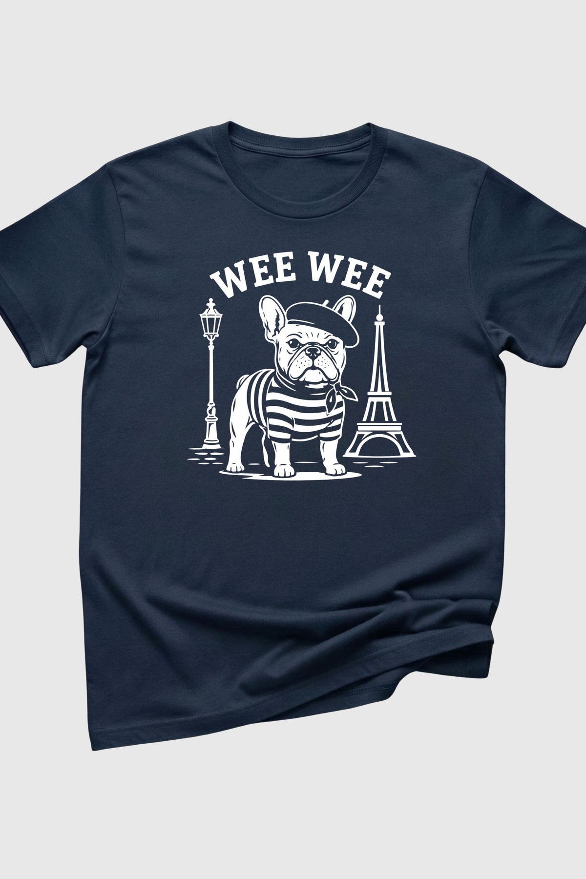 Wee Wee Parisian print close-up on black t-shirt