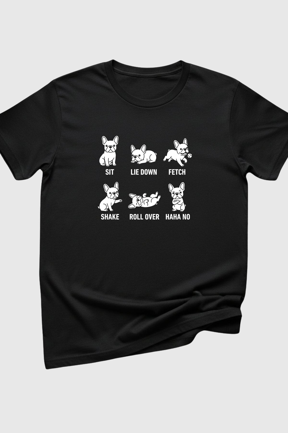 Sit Lie Down Fetch dog training print close-up on white t-shirt