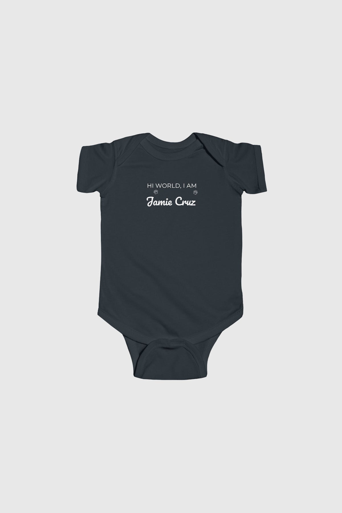 Pink personalized baby bodysuit with Hi World custom name, snap closure