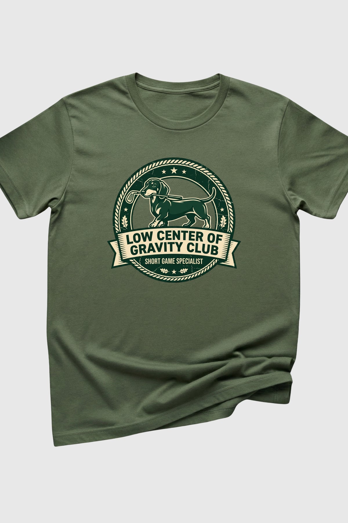 Woman wearing black Low Center of Gravity dachshund golf t-shirt