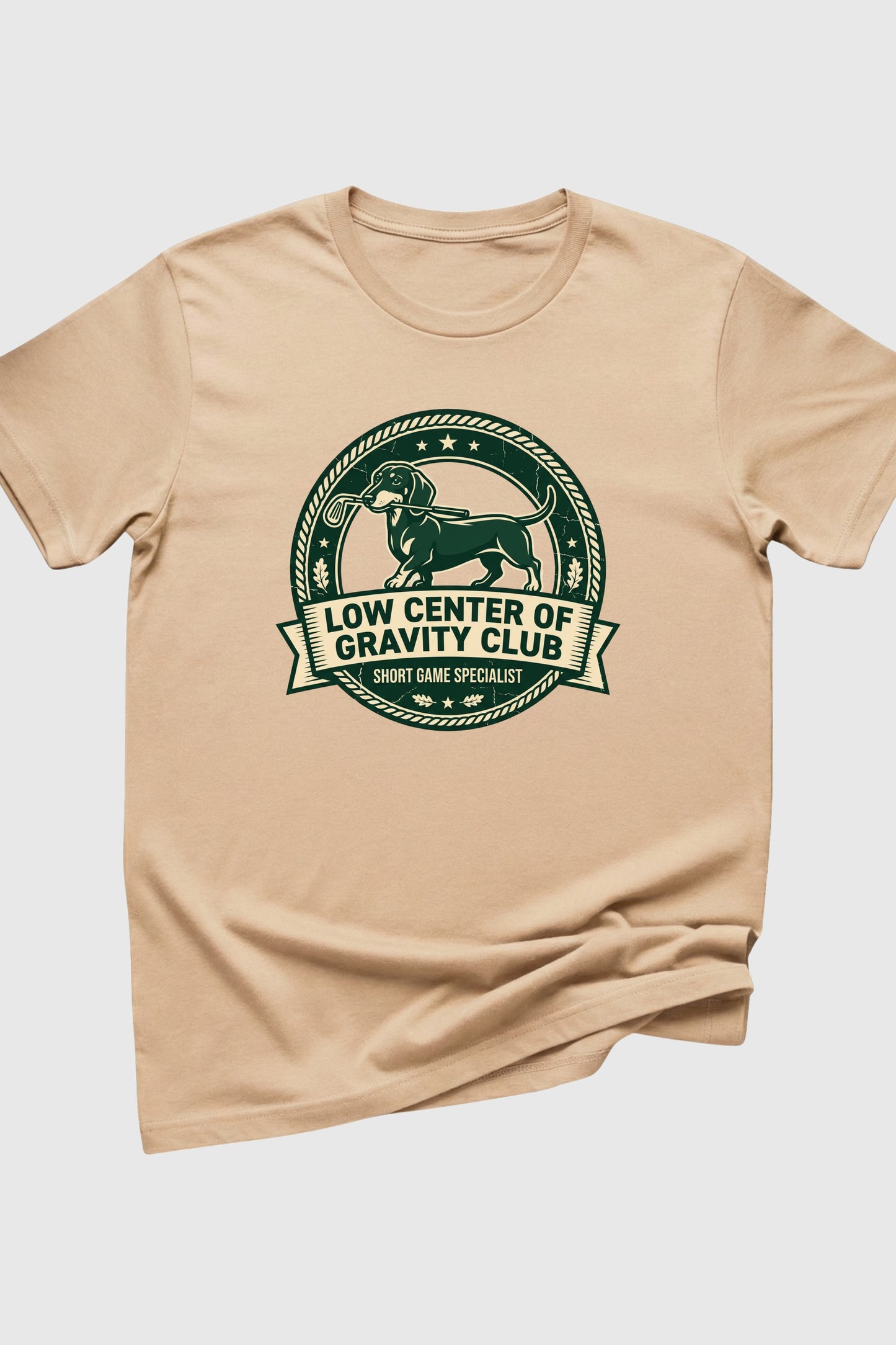 Man wearing black t-shirt with dachshund golf print