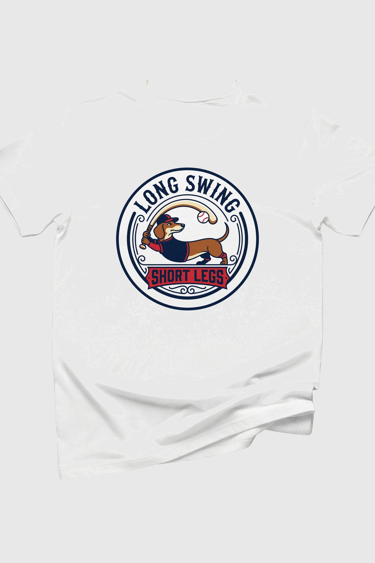 White t-shirt with a dog graphic and 'Long Swing Short Legs' text on a white background