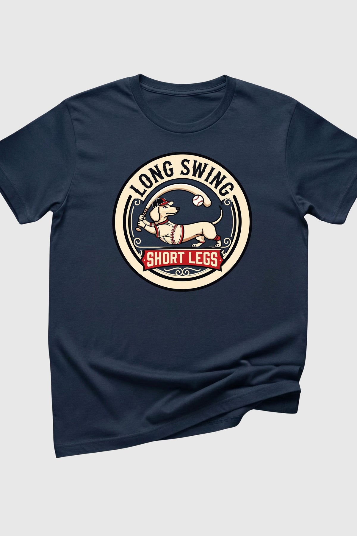 Navy blue t-shirt with a graphic design featuring a dog and text on a light gray background