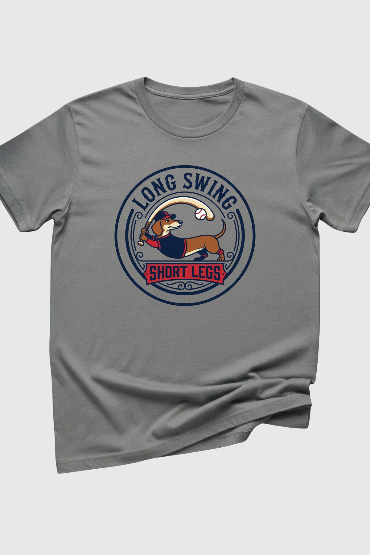 Gray t-shirt with a dog graphic and text on a white background