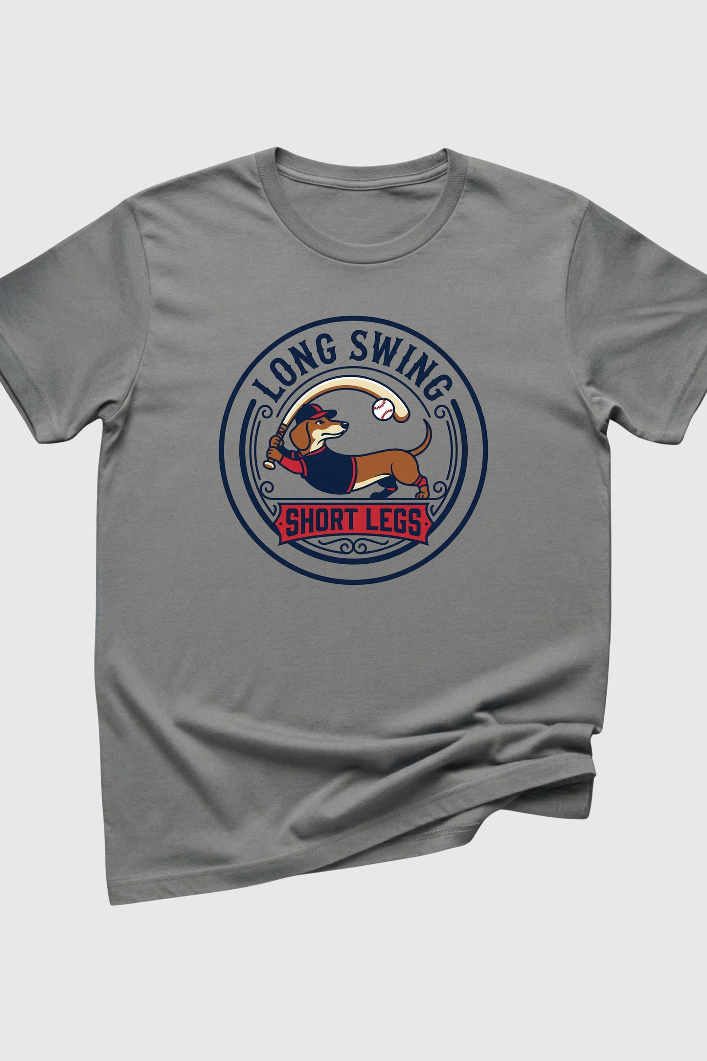 Gray t-shirt with a dog graphic and text on a white background