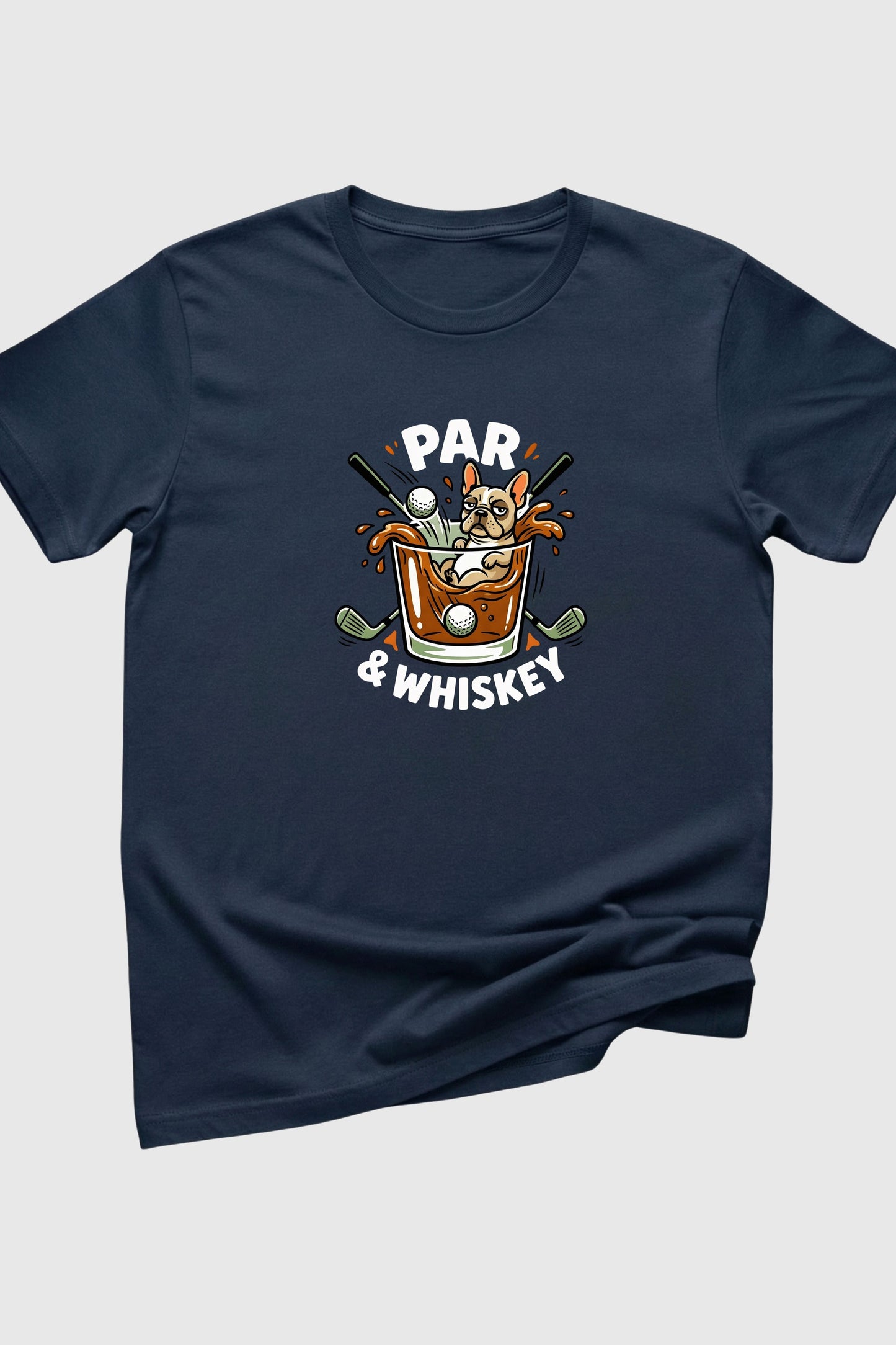 Navy blue t-shirt with a graphic of a dog in a glass of whiskey and text 'PAR & WHISKEY' on a light gray background.