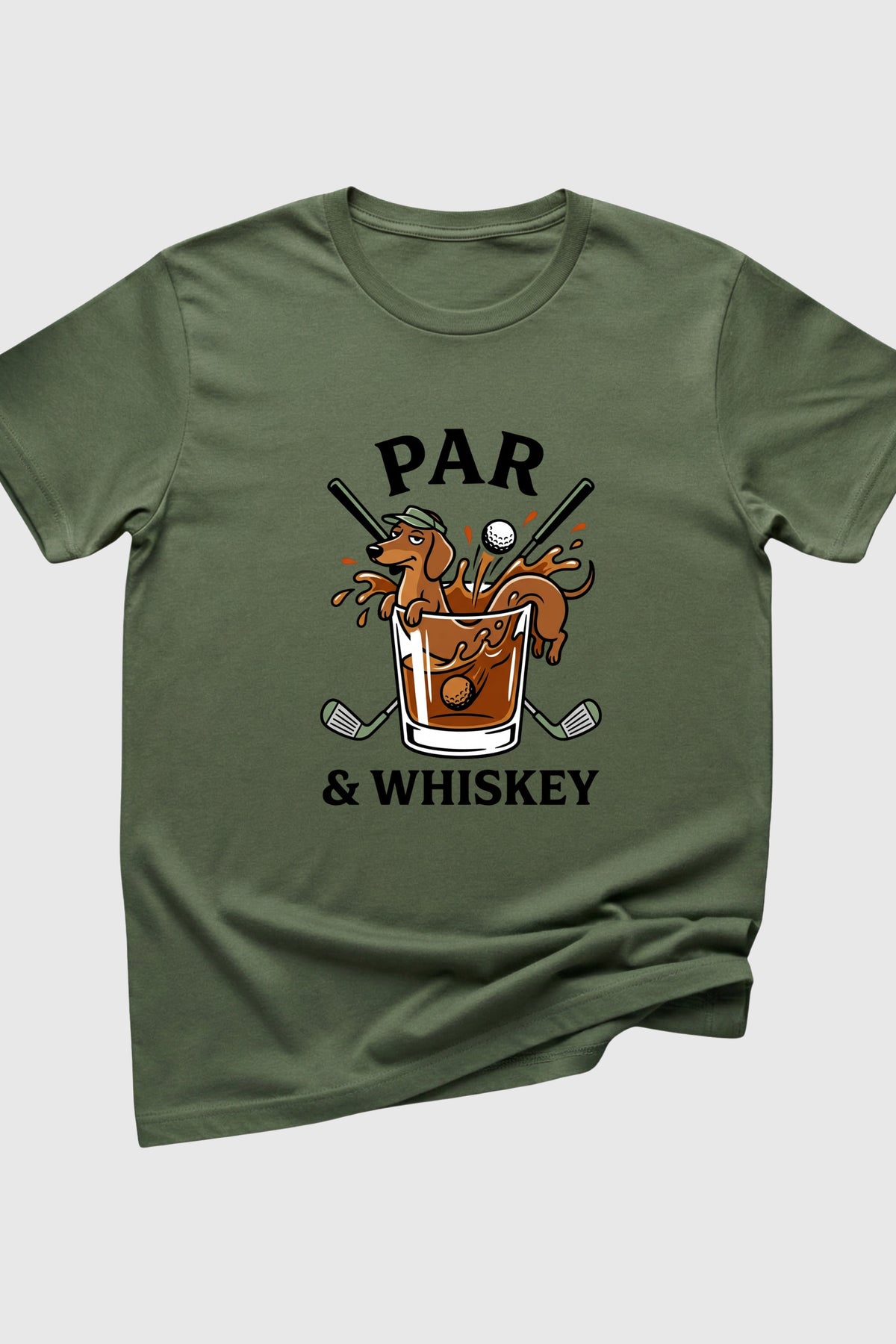 Black t-shirt with dachshund golf par and whiskey print, unisex crew neck