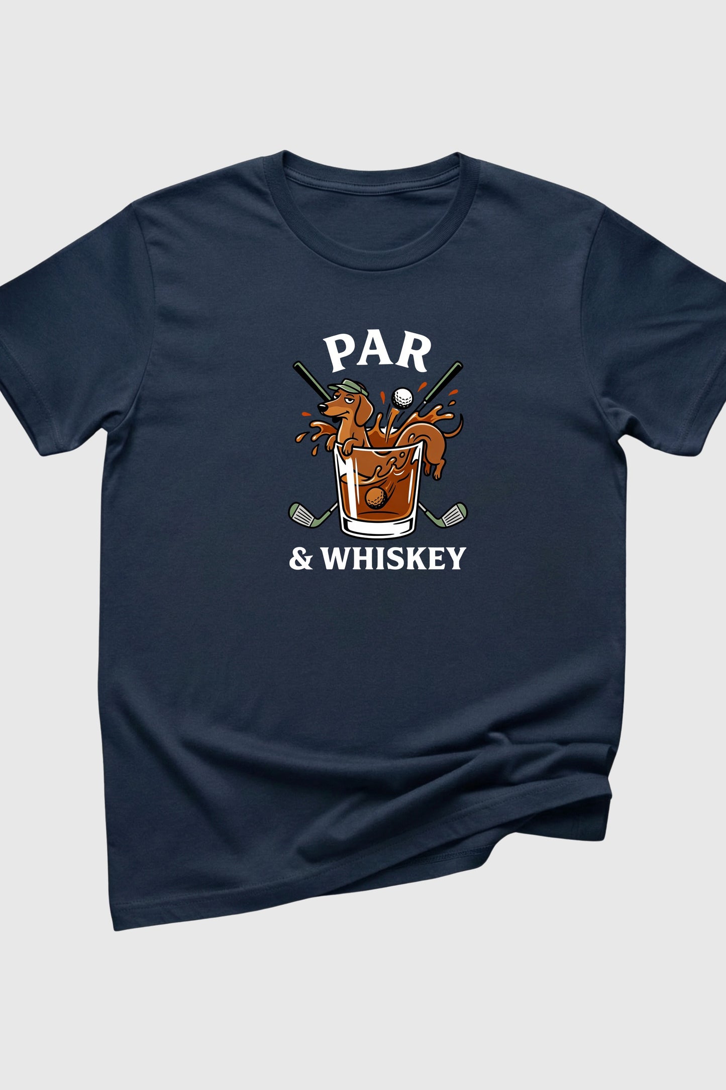 Navy t-shirt with dachshund golf par and whiskey print, unisex crew neck