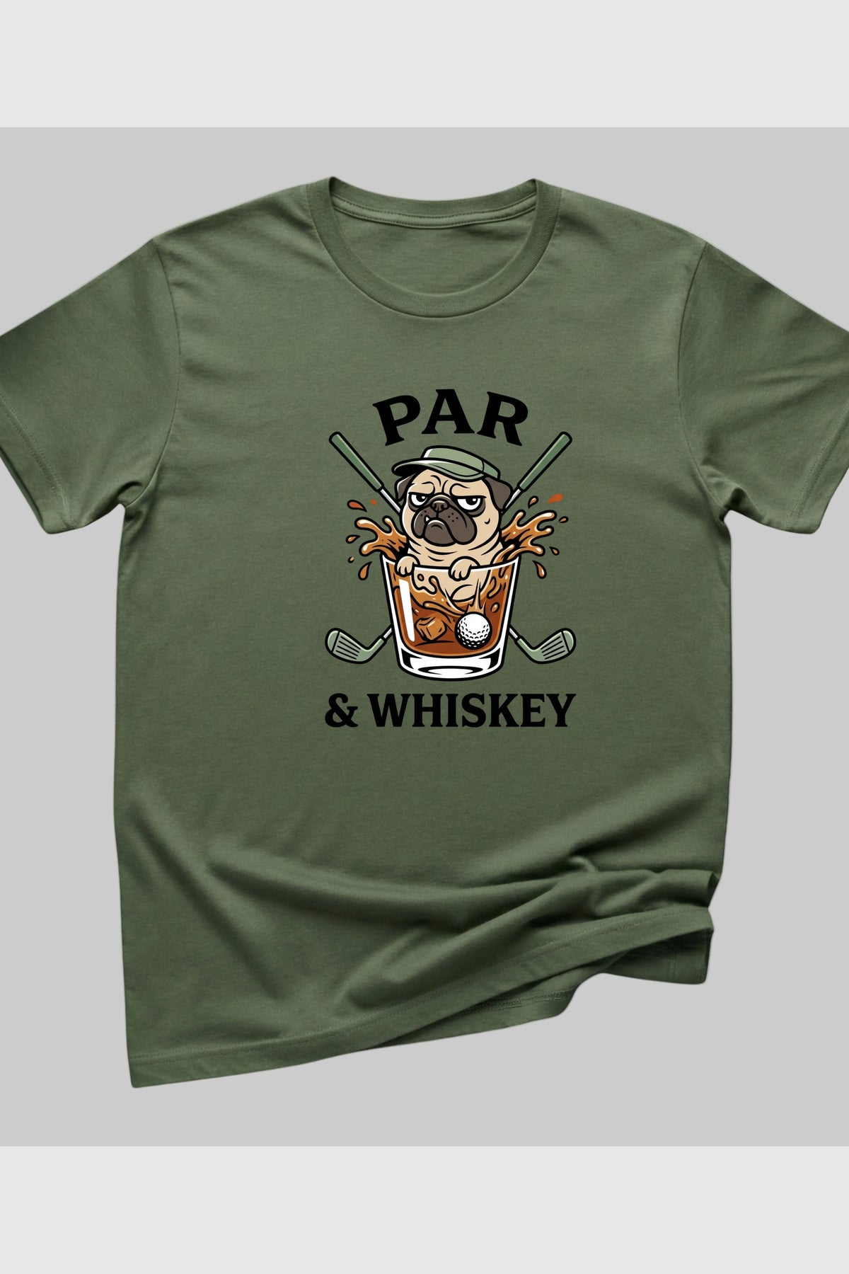 Black t-shirt with pug golf par and whiskey print, unisex crew neck