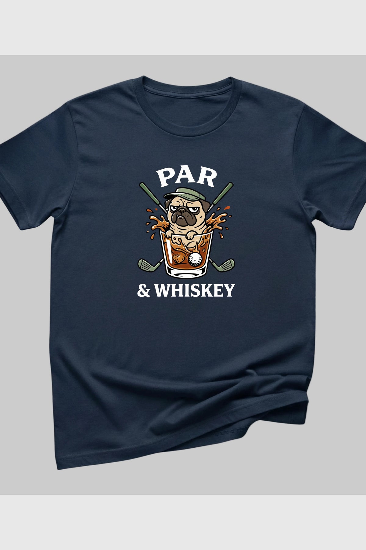 Navy t-shirt with pug golf par and whiskey print, unisex crew neck