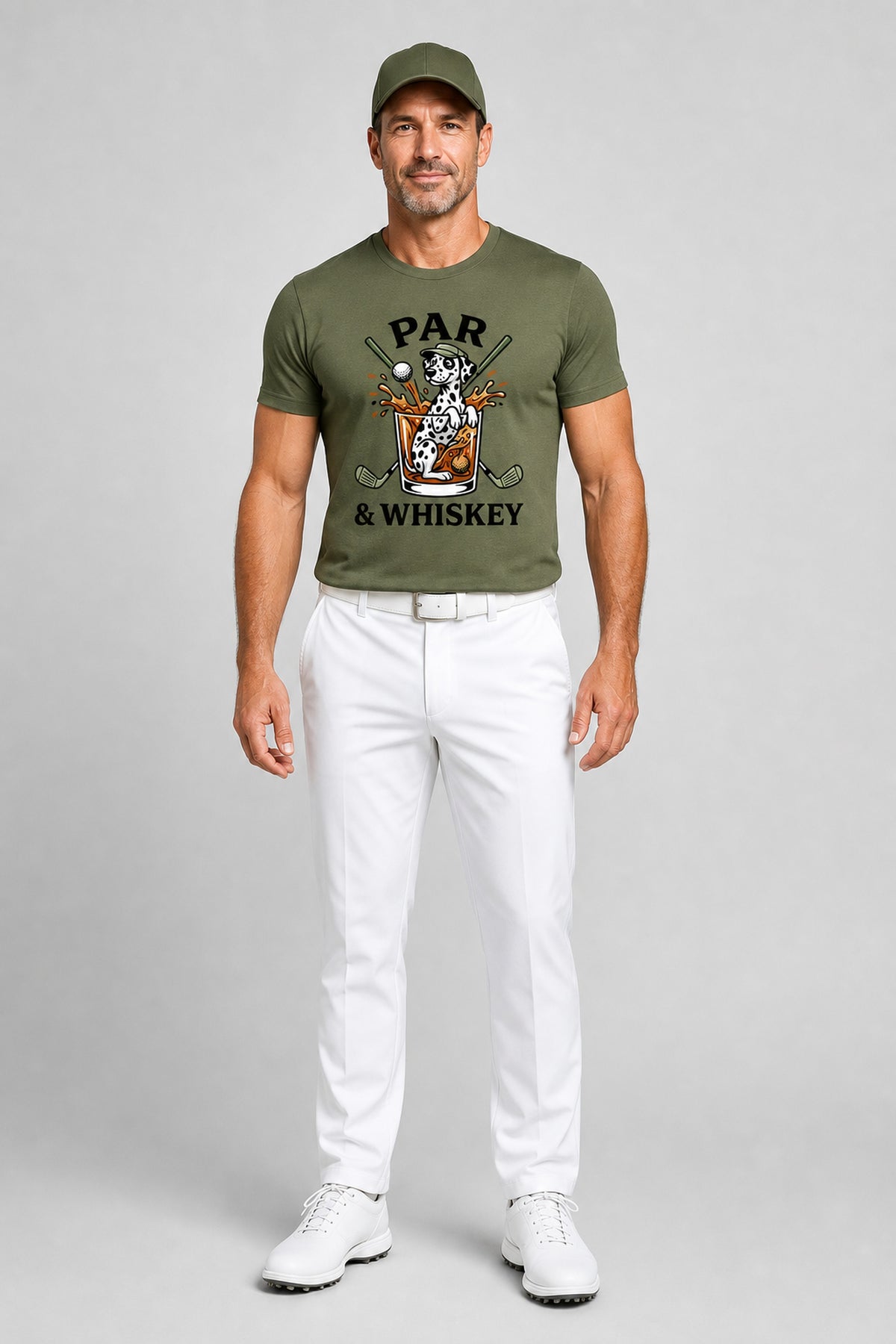 White t-shirt with dalmatian golf par and whiskey print, unisex crew neck
