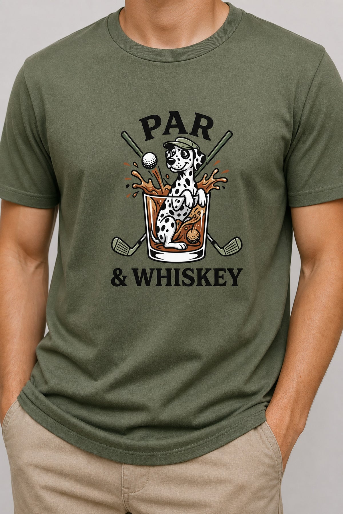 Man wearing white t-shirt with dalmatian golf par and whiskey print