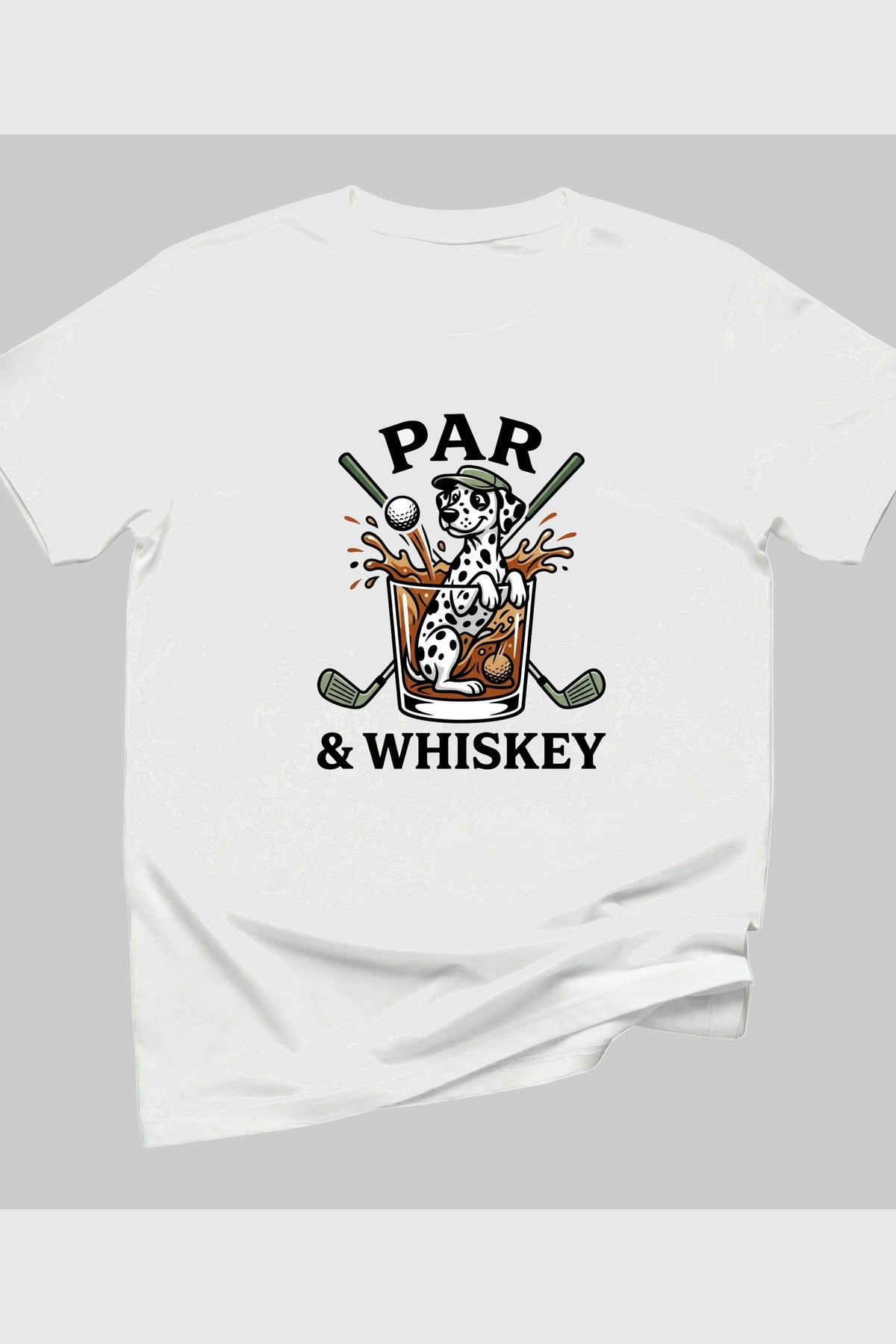 Dalmatian golf par and whiskey print close-up on white t-shirt