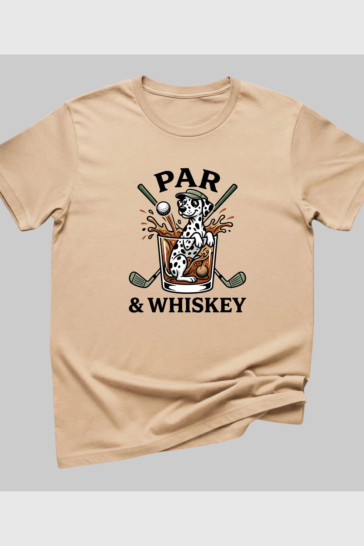 Black t-shirt with dalmatian golf par and whiskey print, unisex crew neck