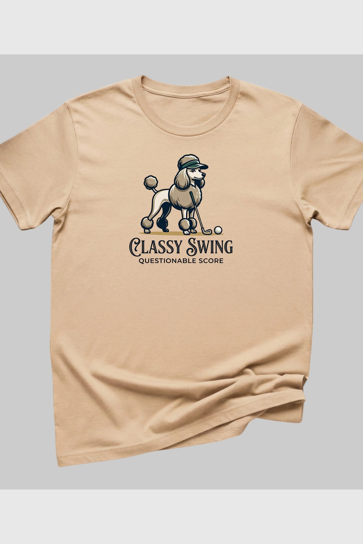 Navy t-shirt with poodle golf classy swing print, unisex crew neck