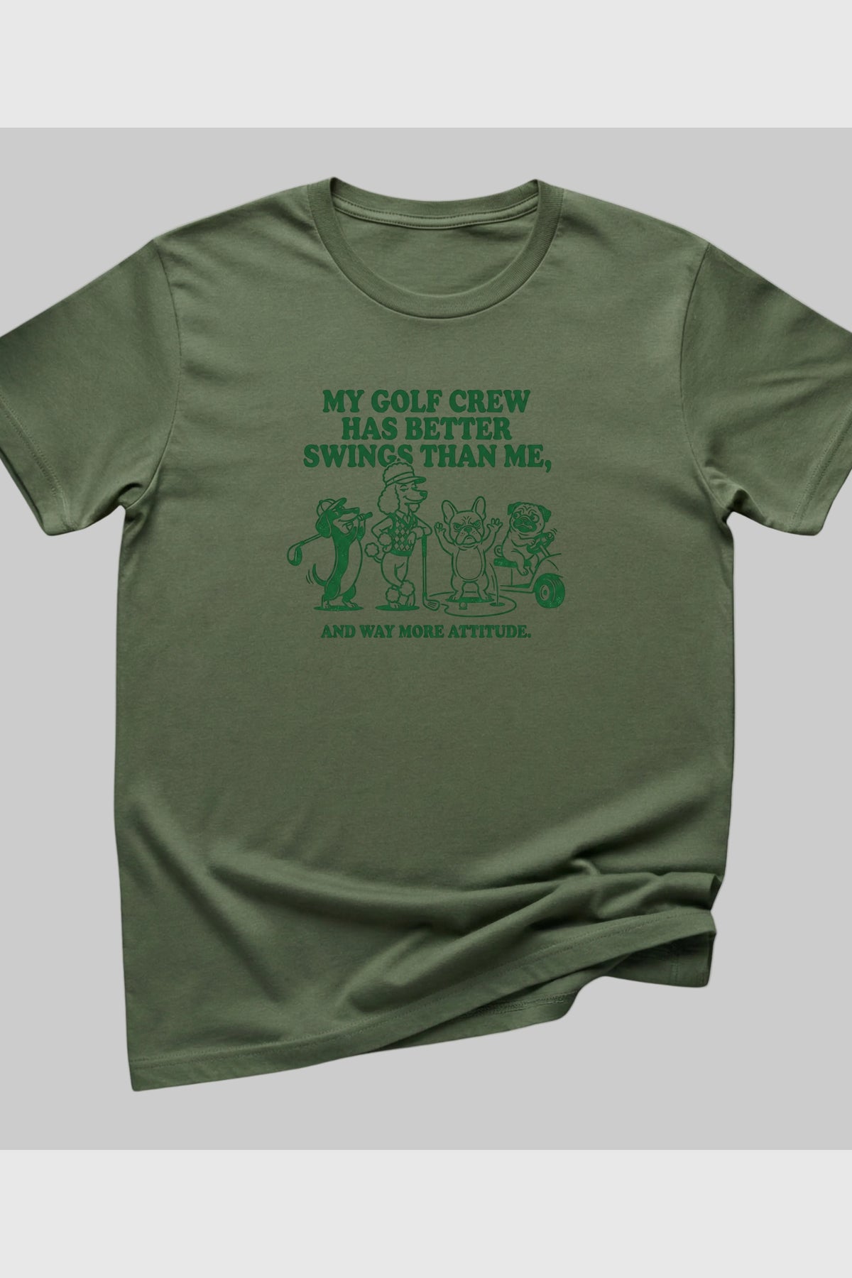 Dog golf my crew has better swings print close-up on white t-shirt