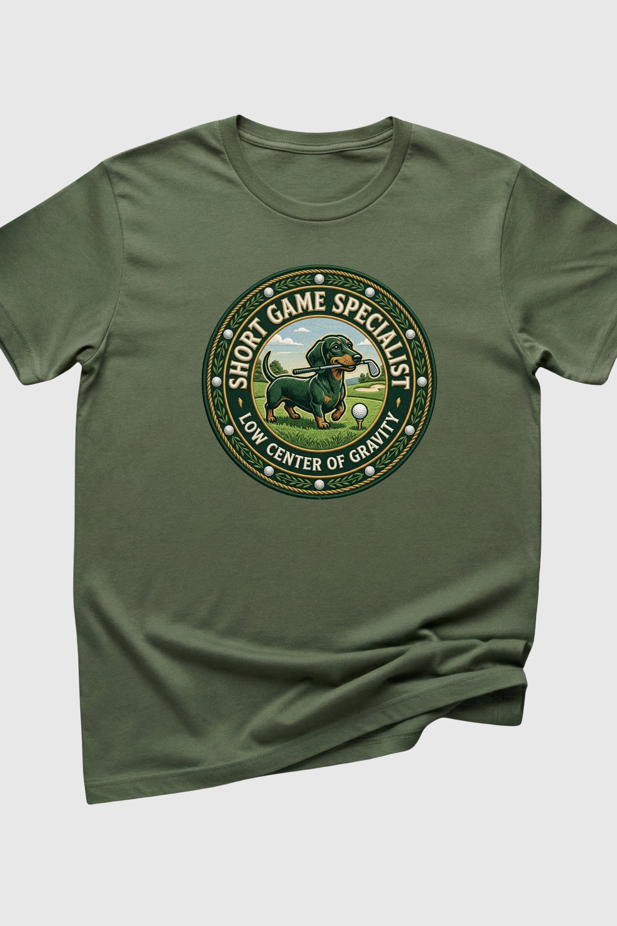Black t-shirt with dachshund golf short game specialist print, unisex crew neck