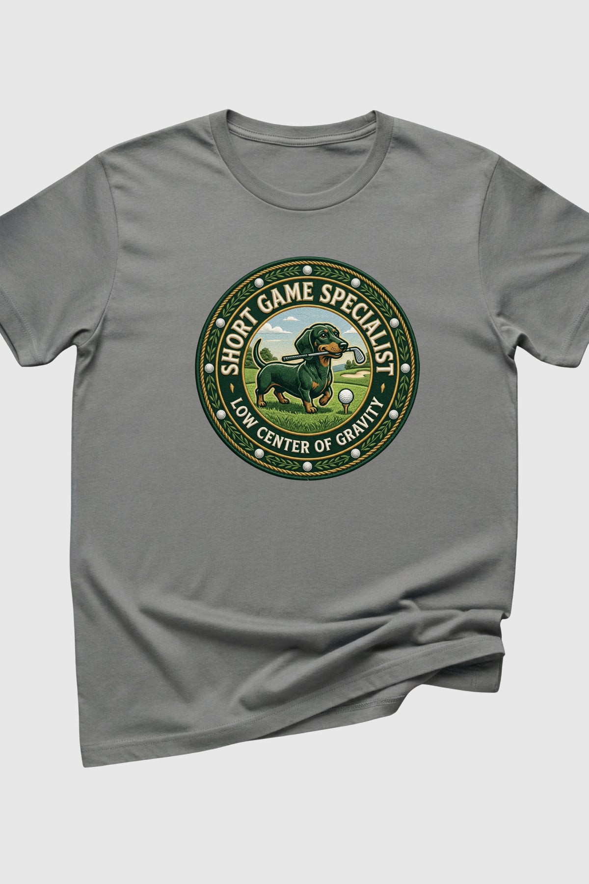 Sand t-shirt with dachshund golf short game specialist print, unisex crew neck