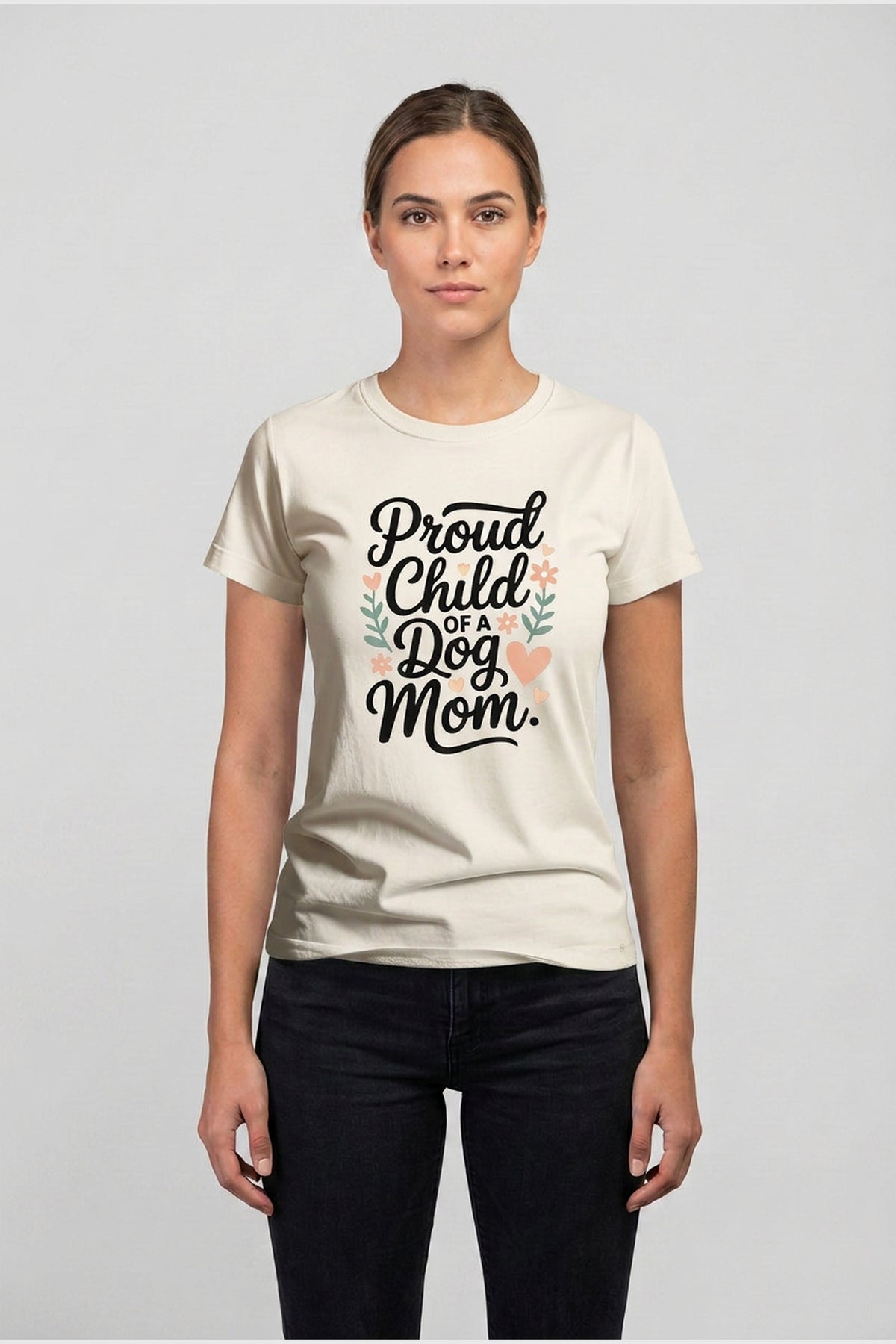Black t-shirt with dog mom proud child print, unisex crew neck