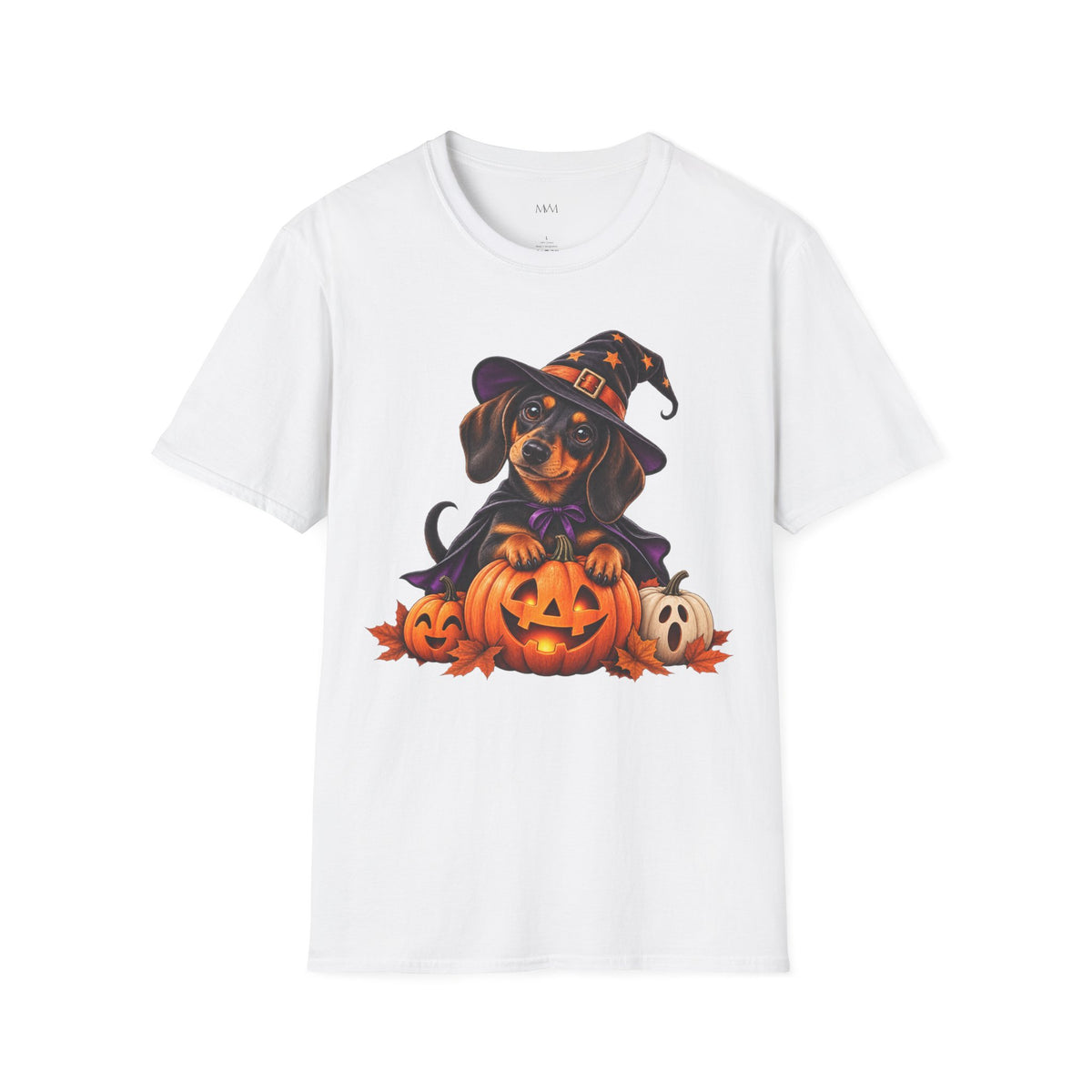 A white short-sleeve crewneck t-shirt featuring a colorful graphic print of a dachshund dressed as a witch sitting among jack-o'-lanterns, displayed on a clean white background.