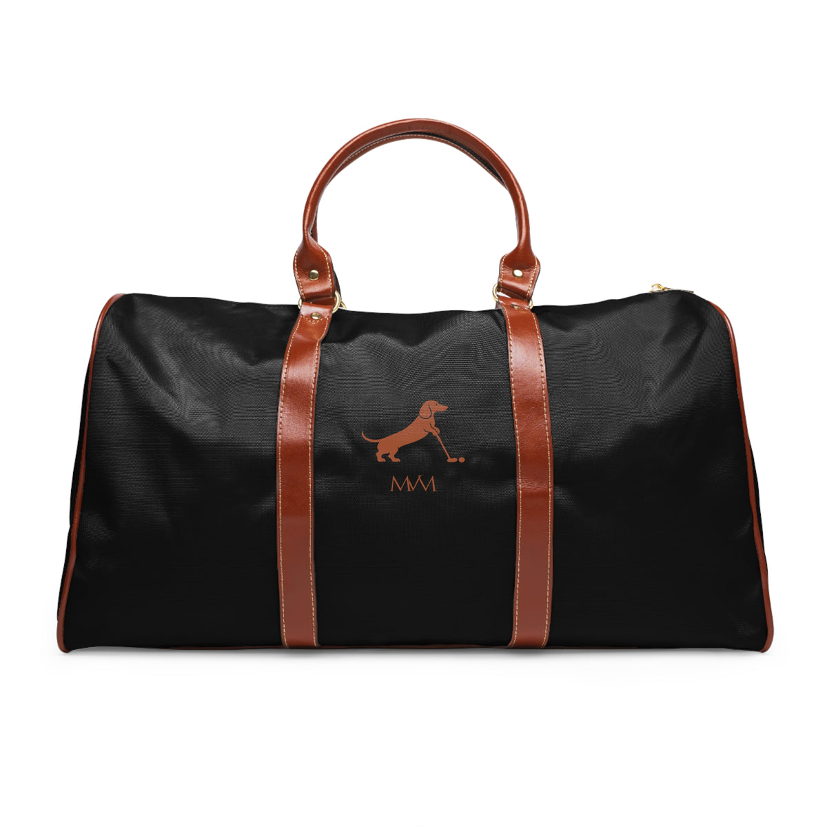 Color: Black. Putting Dachshund golf travel bag in black with a brown putting dachshund and MVM monogram on the front, brown PU handles, front view.