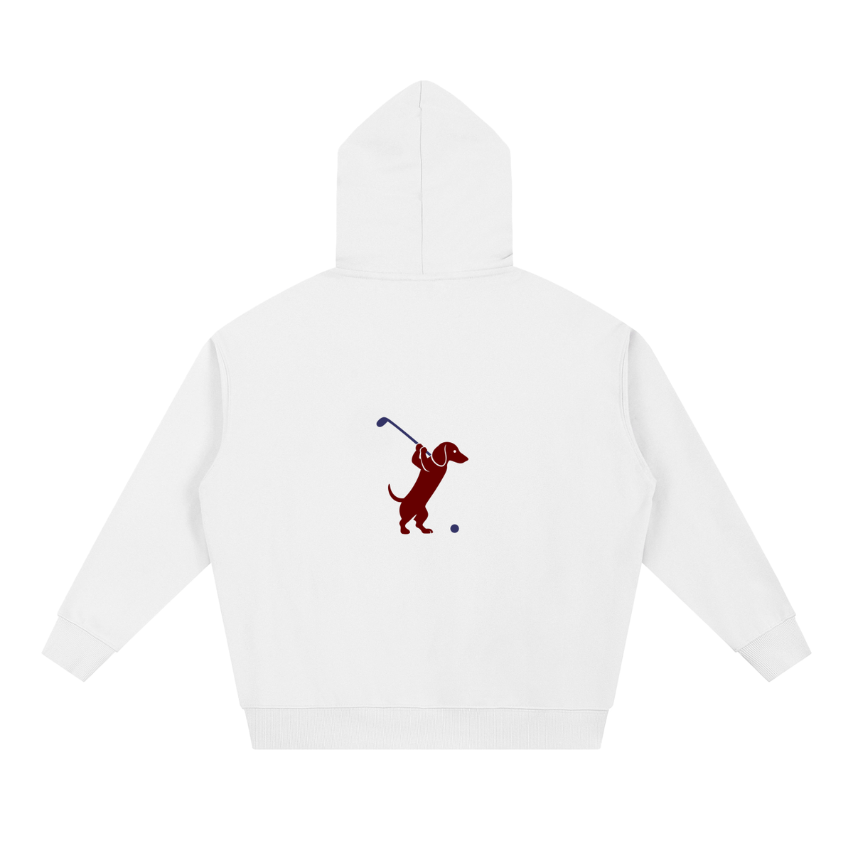 Club & Swing dachshund golf hoodie, back flatlay. Color: White