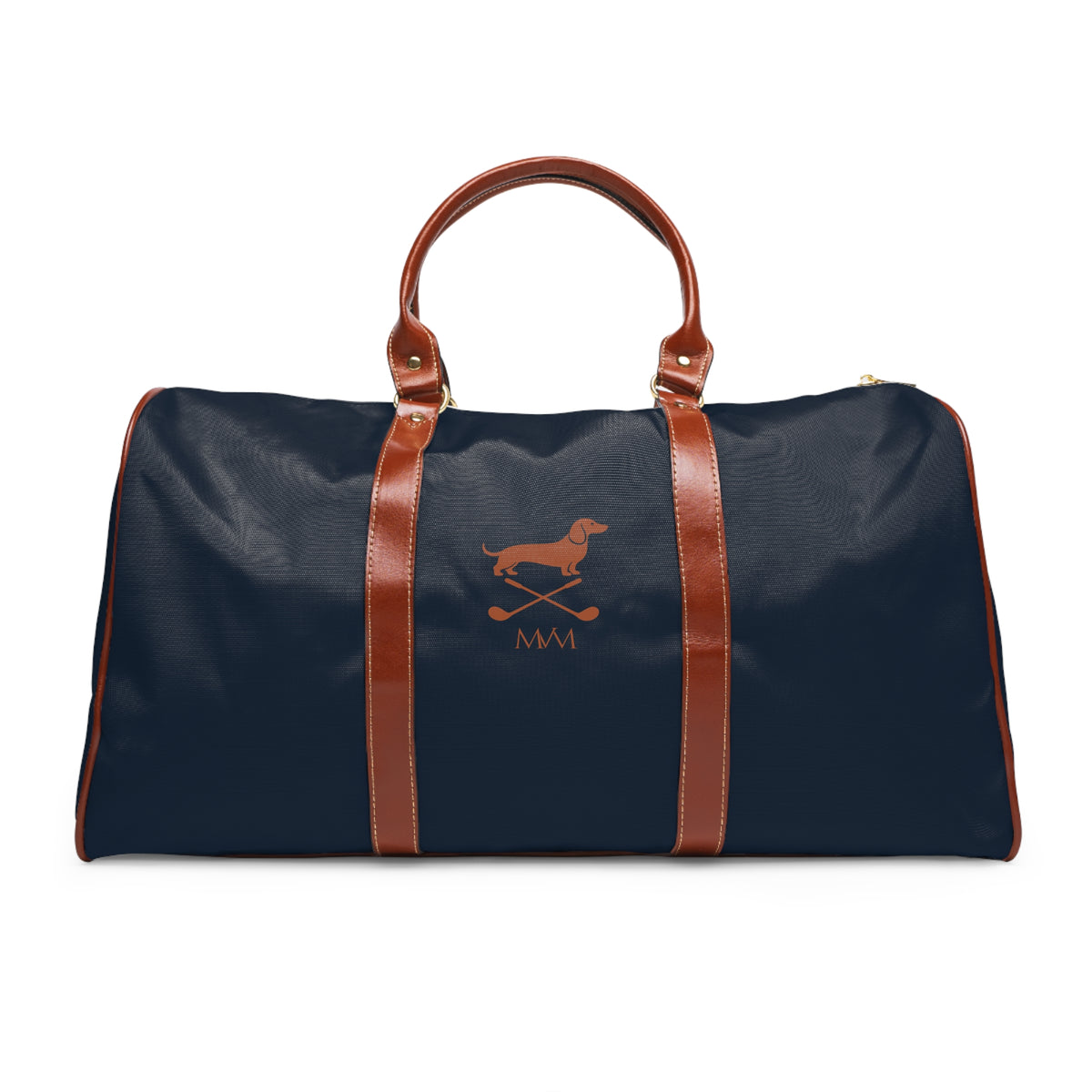 Color: Navy. Club Mark golf travel bag in navy with a brown Dachshund with crossed golf clubs and MVM monogram on the front, brown PU handles, front view.
