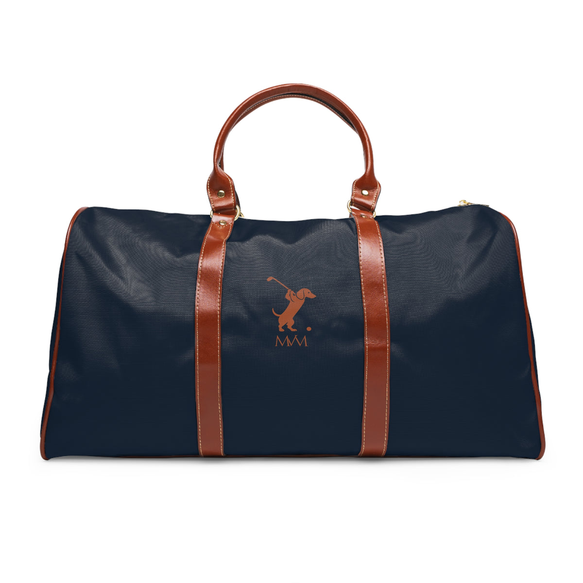 Color: Navy. Swing Dachshund golf travel bag in navy with a brown swinging dachshund and MVM monogram on the front, brown PU handles, front view.