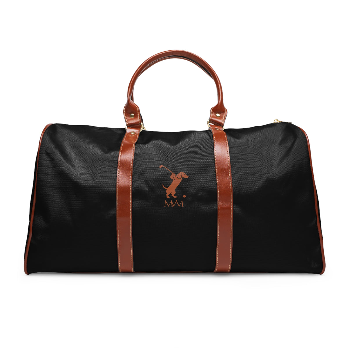 Color: Black. Swing Dachshund golf travel bag in black with a brown swinging dachshund and MVM monogram on the front, brown PU handles, front view.