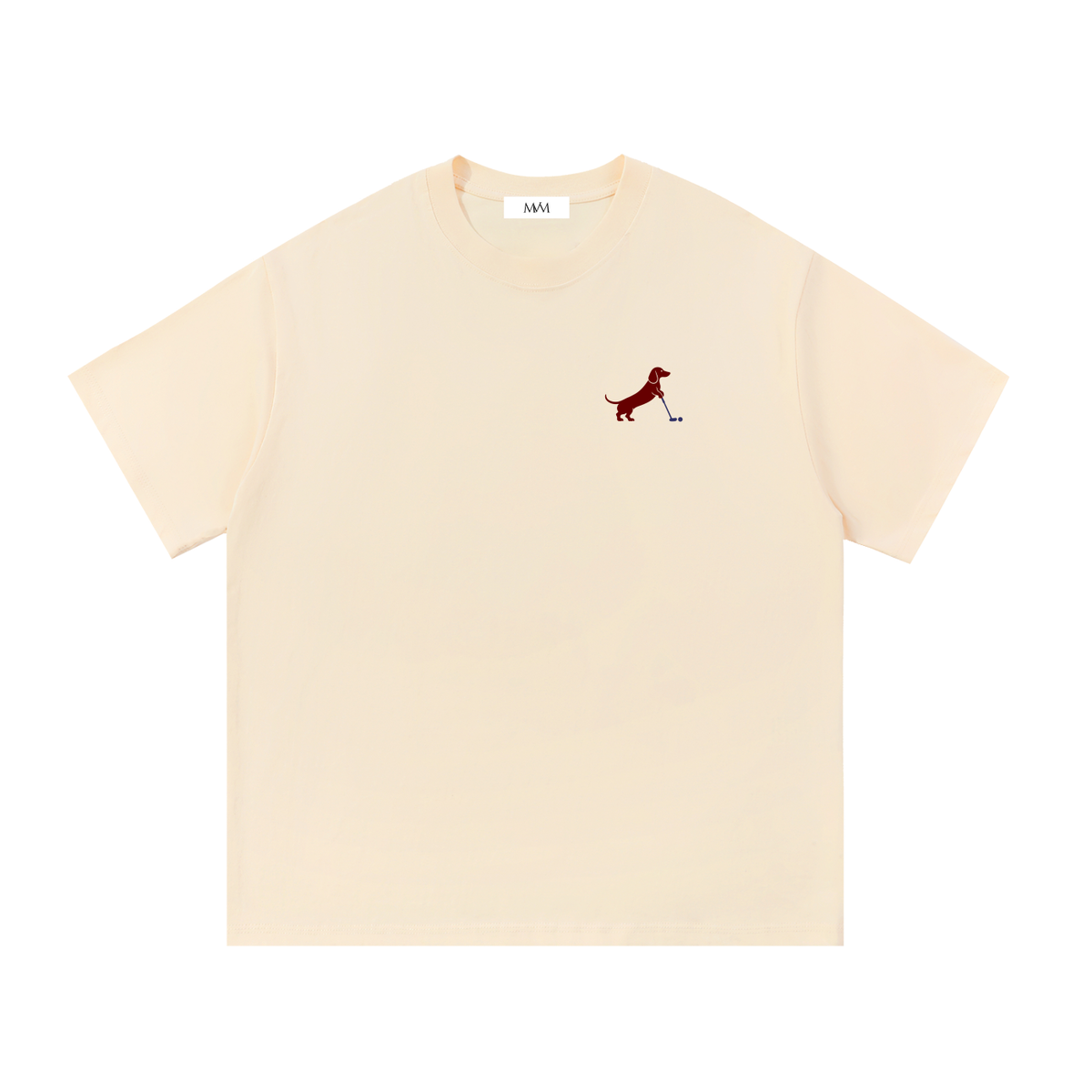 Putting dachshund golf T-shirt, front view. Color: Apricot