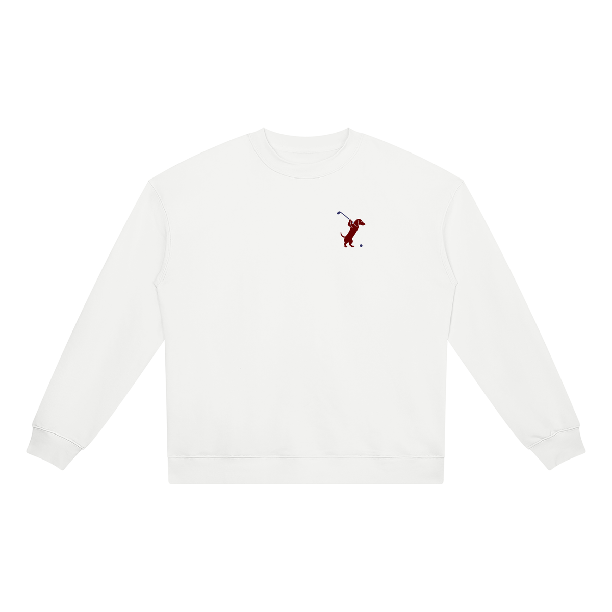 Swing dachshund golf sweatshirt, front flatlay. Color: White
