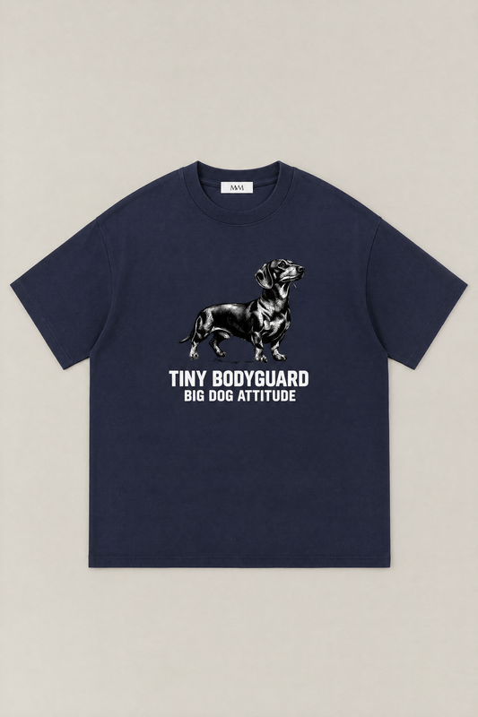 Big Dog Attitude Dachshund Tee in navy, flat lay front view. Color: Navy