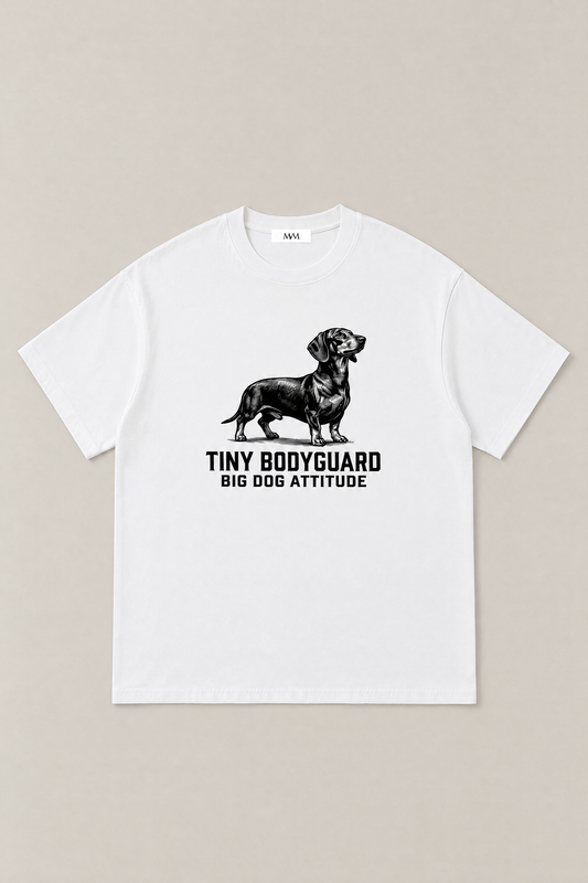 Big Dog Attitude Dachshund Tee in white, flat lay front view. Color: White