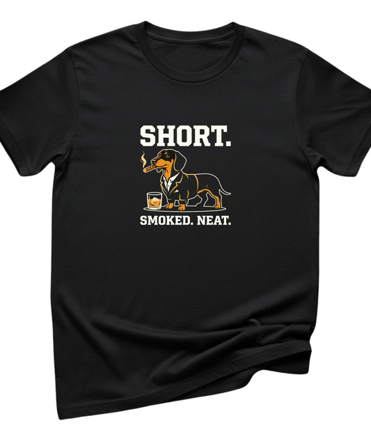 Black t-shirt with a graphic of a dachshund and text on a white background