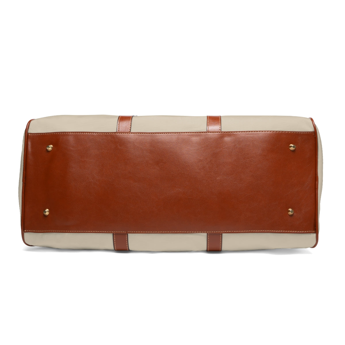 Color: Beige. Club Mark golf travel bag in beige, bottom view with brown PU base and metal feet.