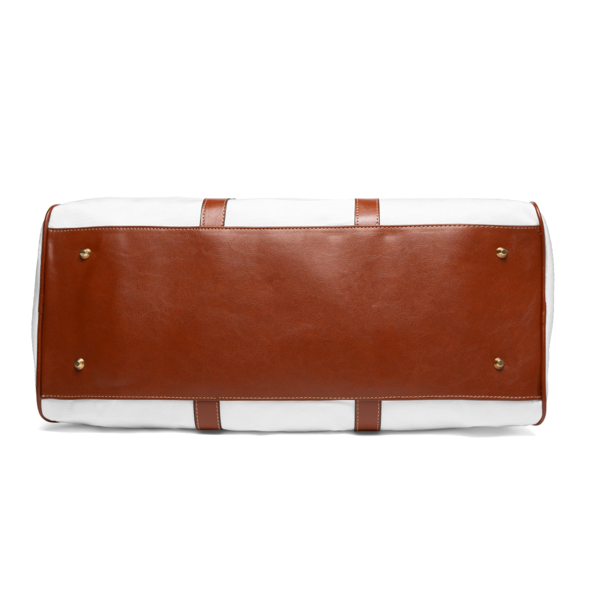 Color: White. Club Mark golf travel bag in white, bottom view with brown PU base and metal feet.