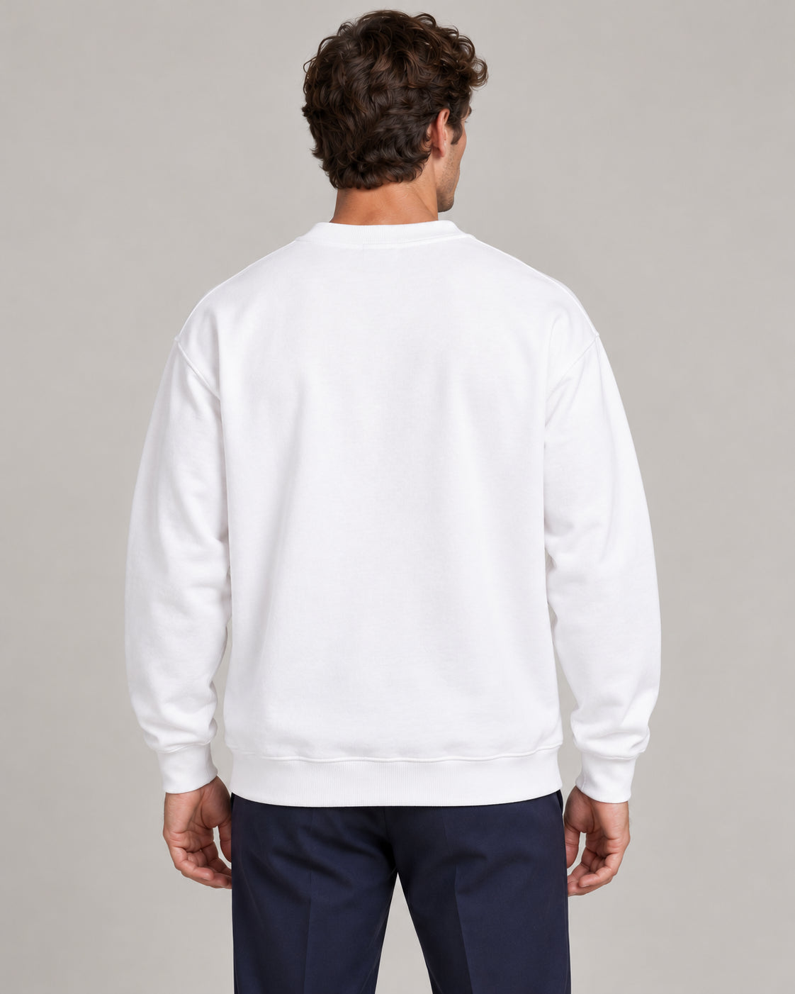 Man wearing Swing dachshund golf sweatshirt, back studio view. Color: White