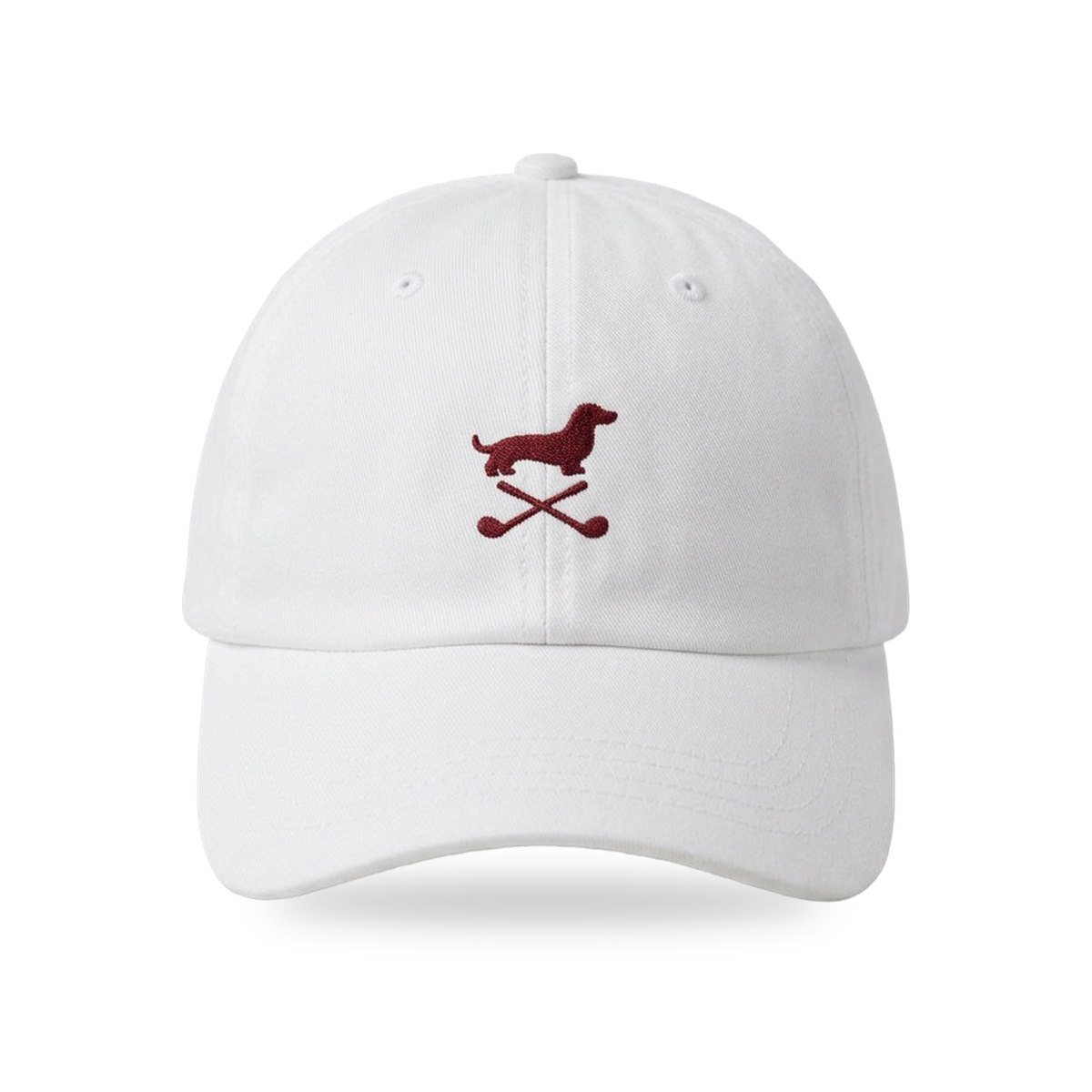 Club Mark Dachshund Golf Cap in White Burgundy, front view, SitHappens